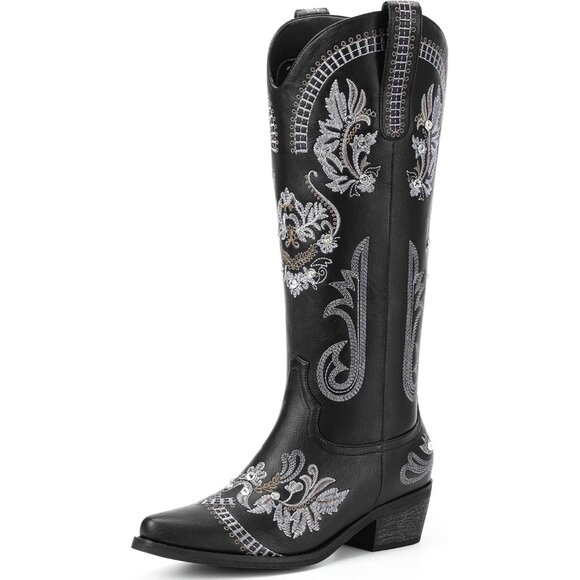 Women Polyurethane Black Rhinestone Embroidered Chunky Heel Knee High Tall Boots - Picture 1 of 5
